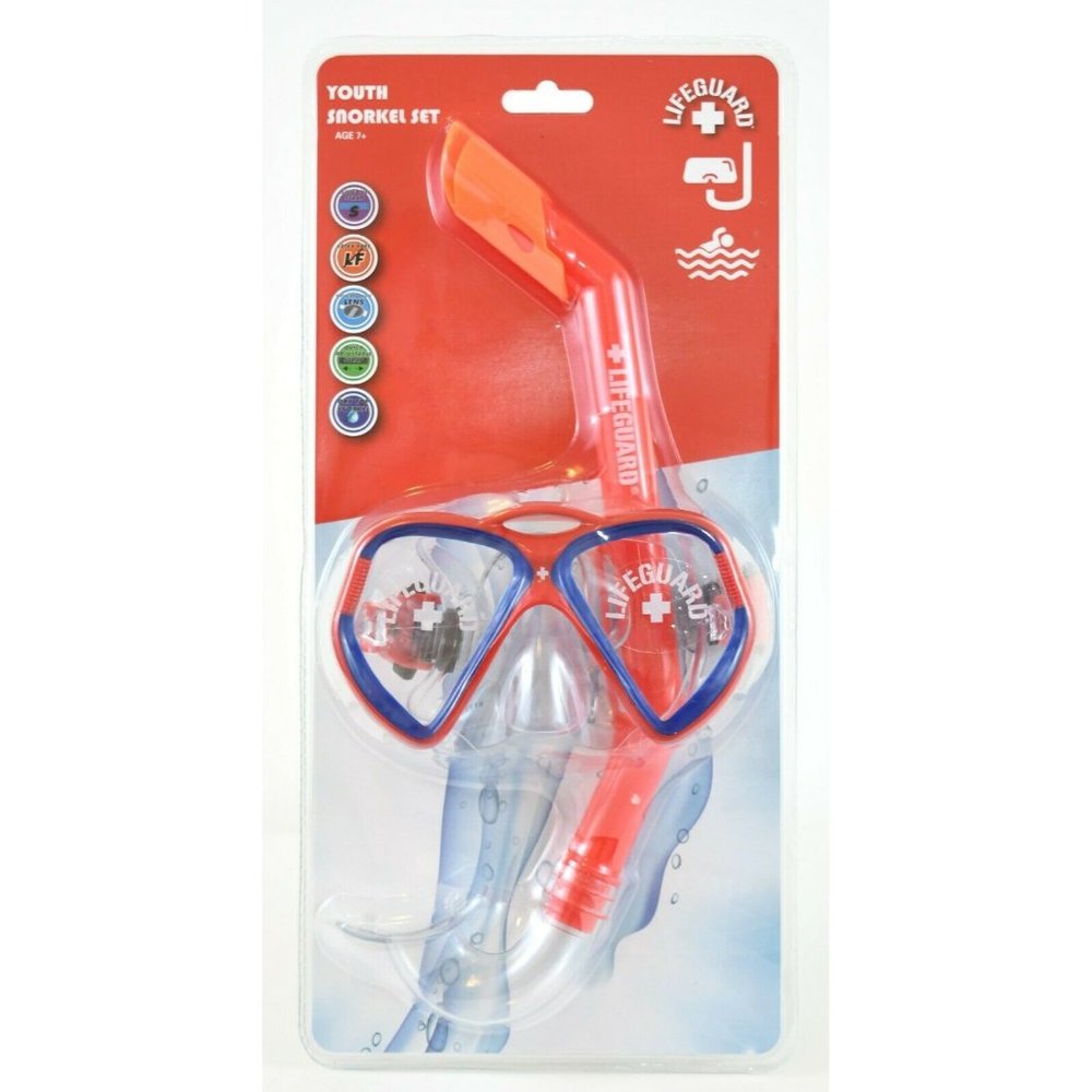 LifeGuard Youth Mask & Snorkel Set Age 7+ Latex Free Shatterproof Red & Blue New